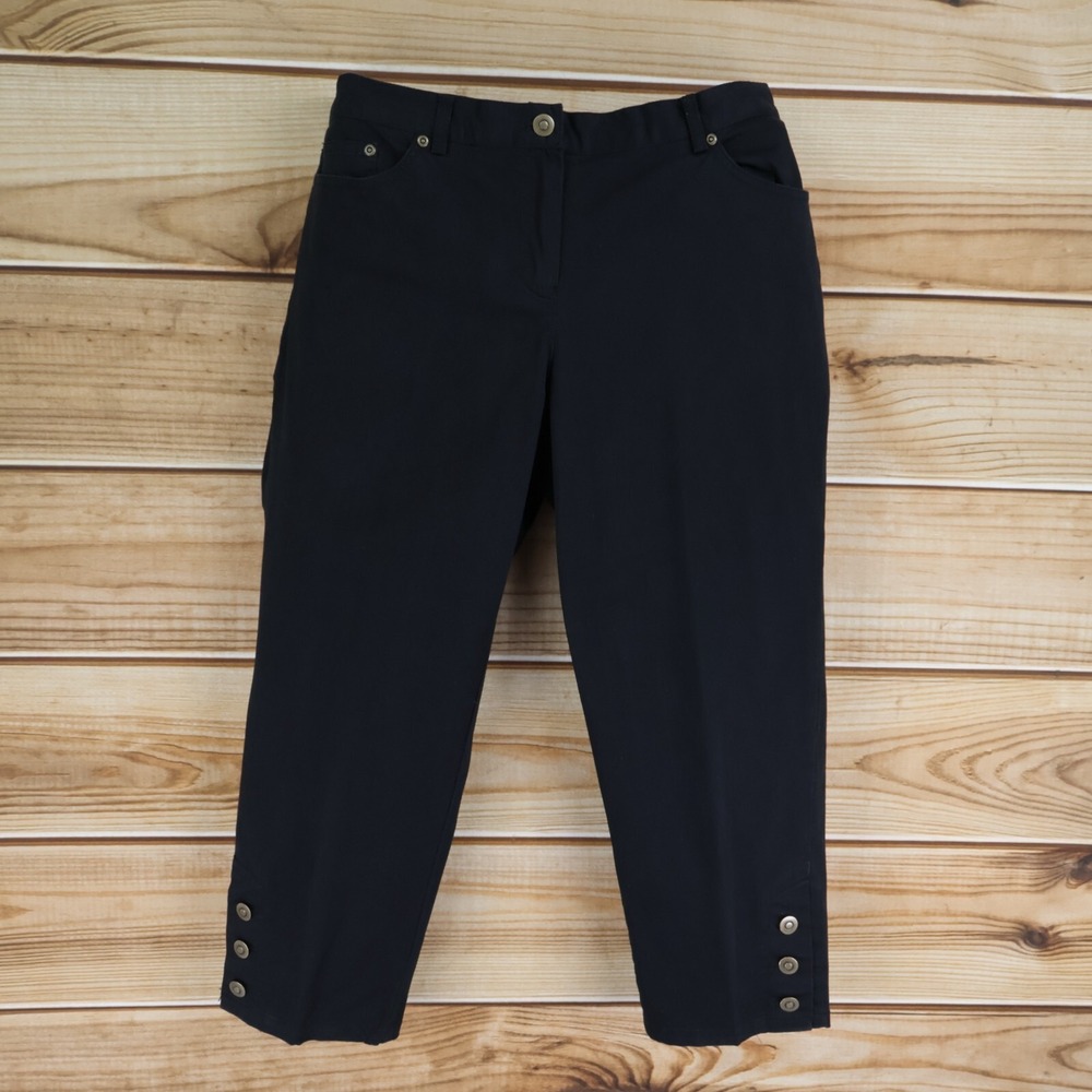 Ruby Rd. Capri Pants Womens Sz 8P Black Cotton Mid‎ Rise Pockets Stretch Buttons